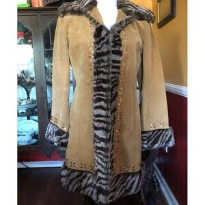 VTG 70s Suede Shearling Faux Fur Coat Jeweled Trim Zebra Penny Lane Afghan 12 L